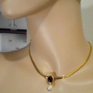 Brand New - Gold Herring Bone Chain wih Jeweled Black Pendant & Pearl